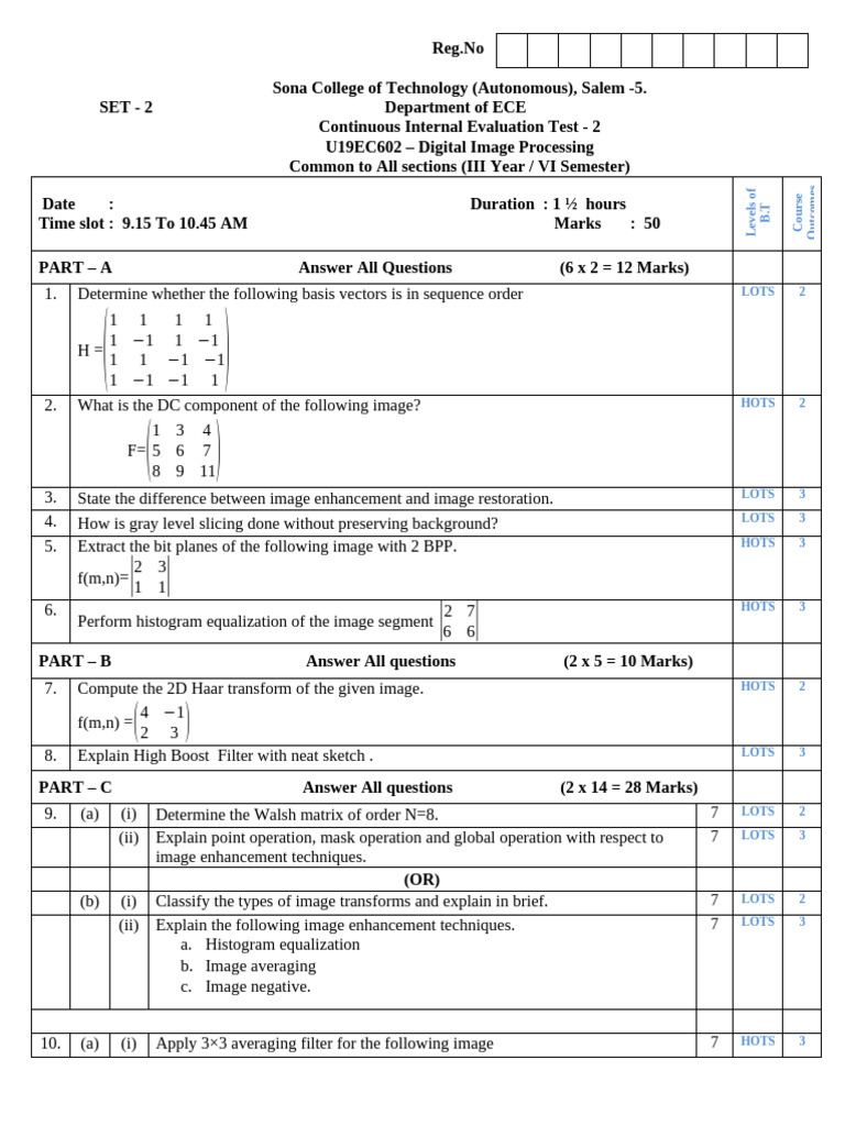 U19EC602 Set 2 - Digital Image Processing | PDF