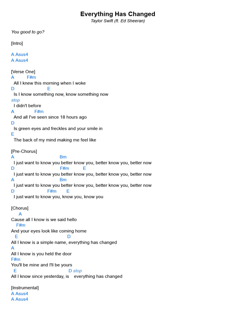 Everything Has Changed Chords | PDF | Song Structure | American Pop Songs