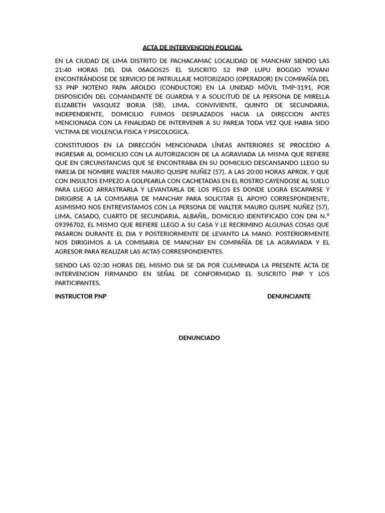 Acta de intervención por violencia familiar | PDF