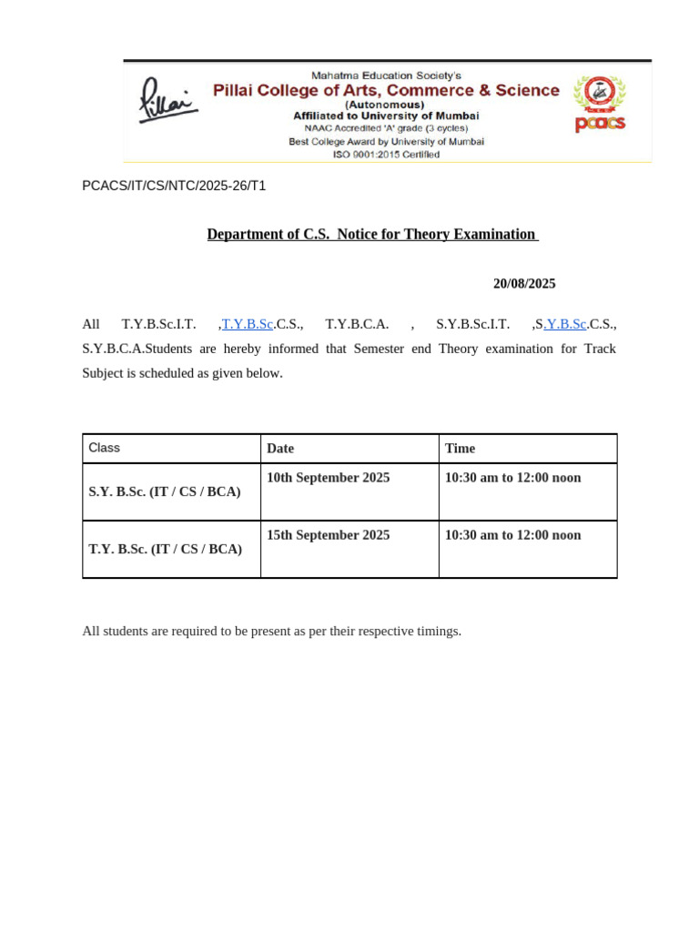 C.S. Theory Exam Schedule 2025-26 | PDF