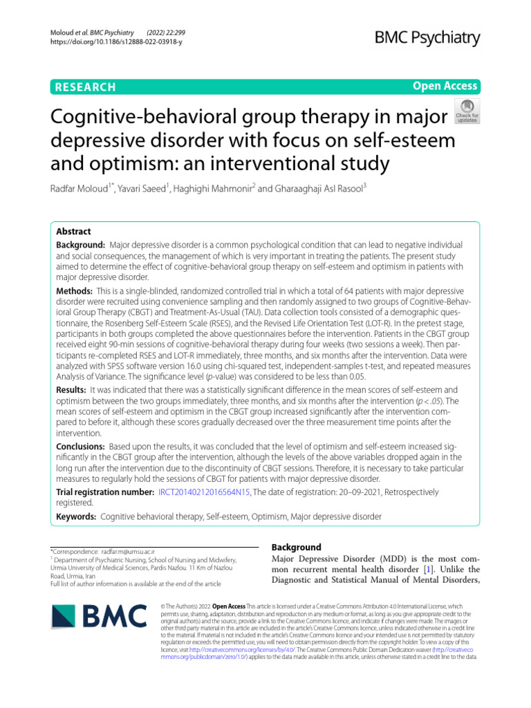 01 - 2022, Moloud Et Al - CBGT in MDD Focus On Self-Esteem | PDF ...