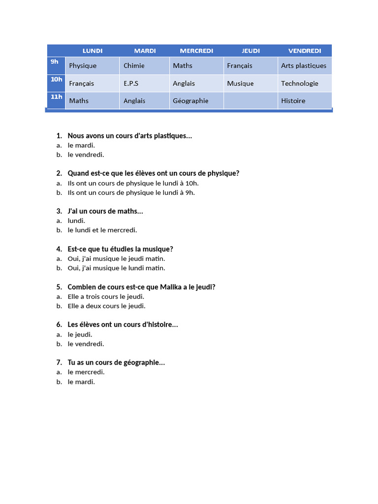 Emploi du temps des cours scolaires | PDF