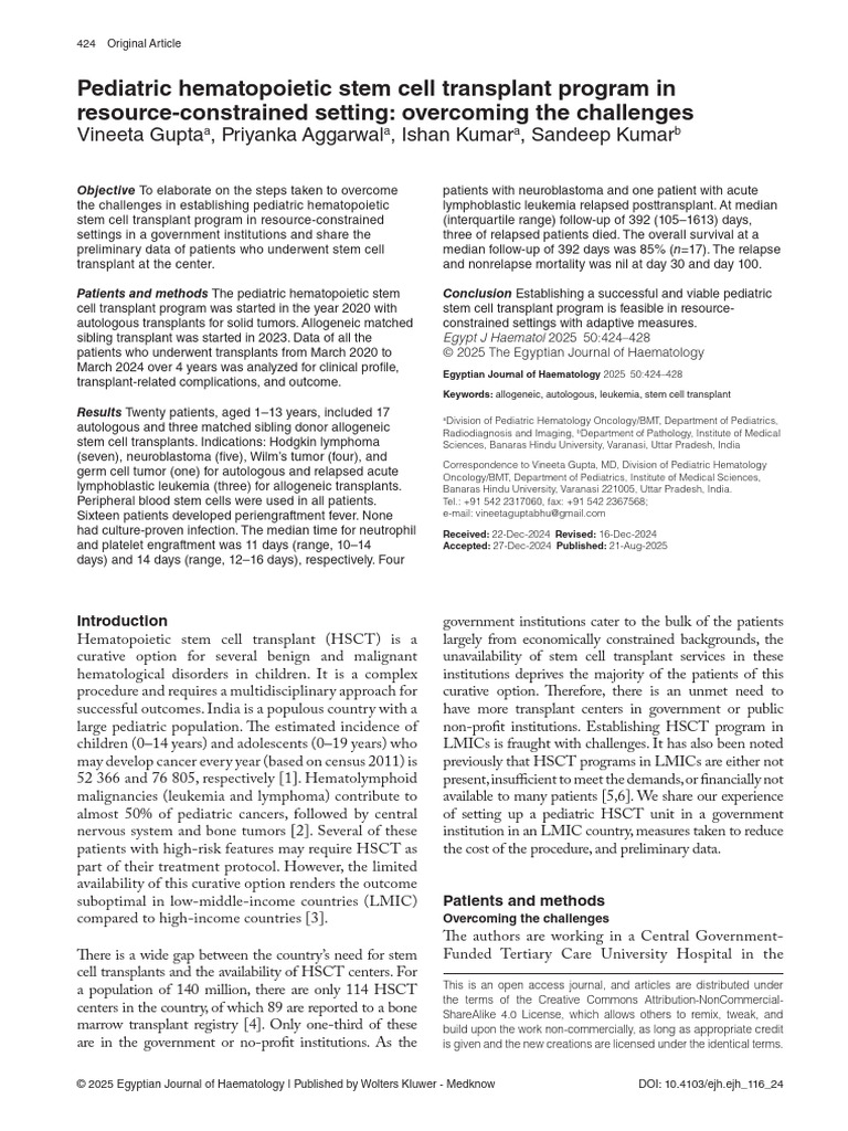 Pediatric Stem Cell Transplant in LMICs | PDF | Hematopoietic Stem Cell ...