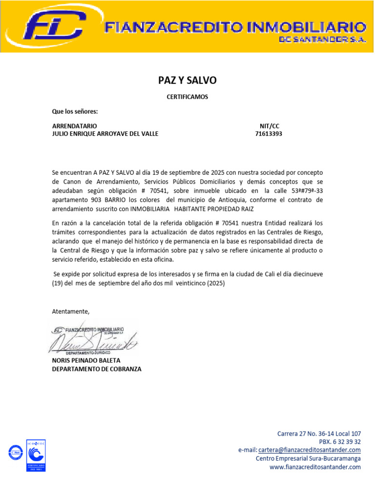 Certificado de Paz y Salvo de Arrendamiento | PDF