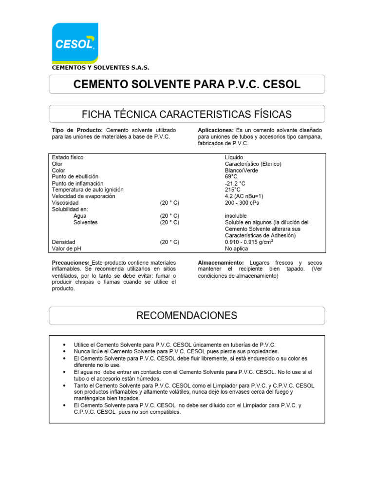 FT Cesol PVC | PDF | Solvente | Cemento