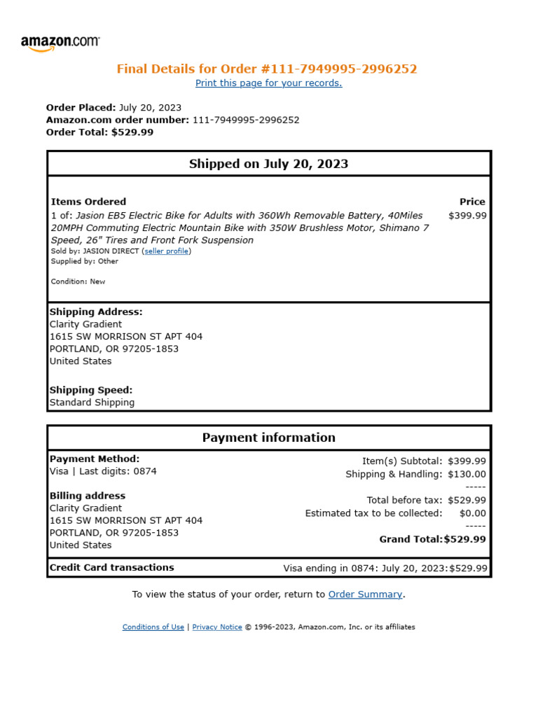 Amazon Order Summary for Electric Bike | PDF