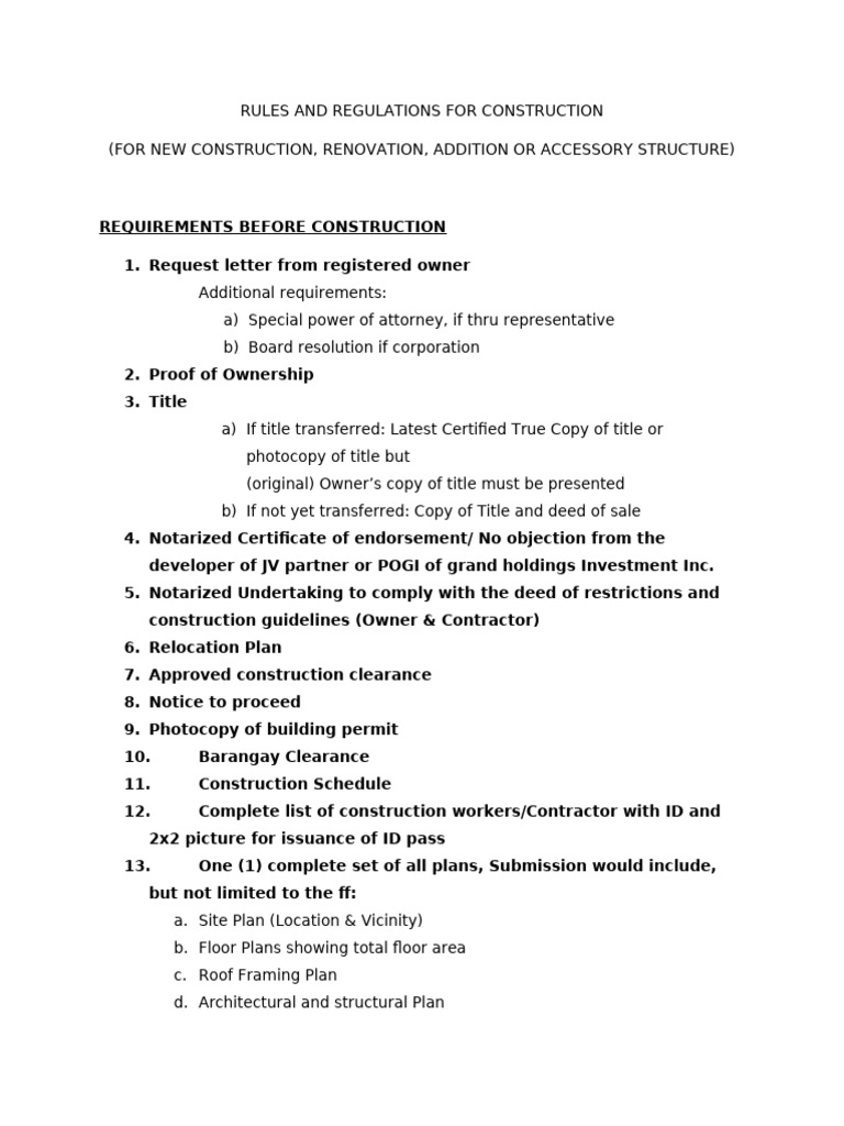 Construction Rules and Regulations Guide | PDF