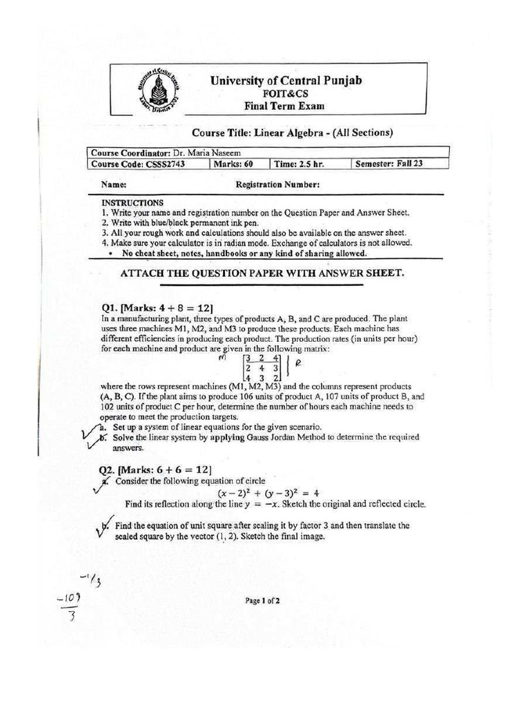 Linear Algebra (LA) Final Term Fall 2023 | PDF
