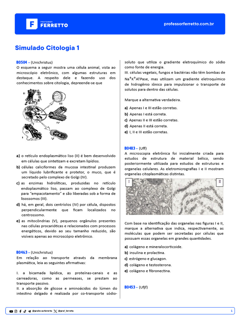Simulado de Citologia para ENEM | PDF | Célula (Biologia) | Organelo