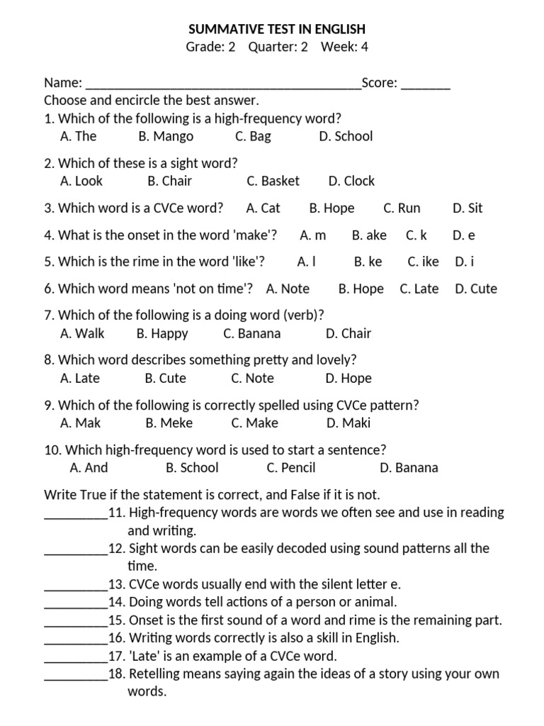 English Test Answer Key for Grade 2 | PDF | Chess Theory | Chess