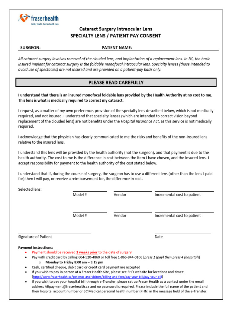 Specialty Cataract Lens Patient Consent | PDF | Lenses | Ophthalmology