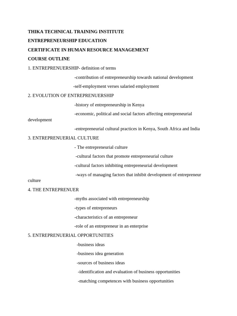 Entrepreneurship Education Course Outline | PDF | Entrepreneurship ...