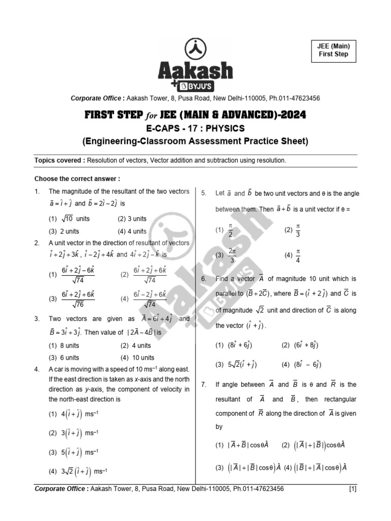 JEE 2024 Physics Vector Practice Sheet | PDF