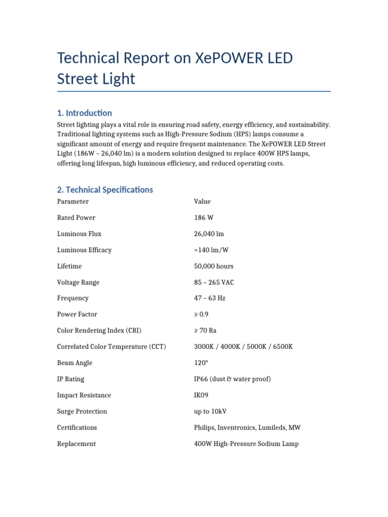 XePOWER LED Street Light Report | PDF | Lighting | Light