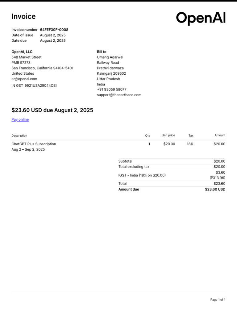 ChatGPT Plus Subscription Invoice | PDF