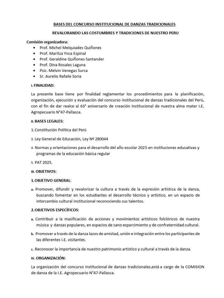 Bases Del Concurso de Danzas Institucional | PDF | Bailes | Ritmo