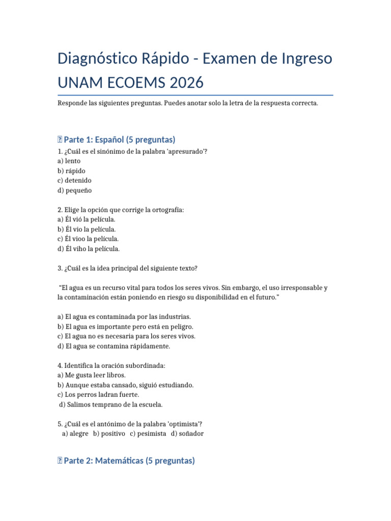 Examen de Ingreso UNAM ECOEMS 2026 | PDF