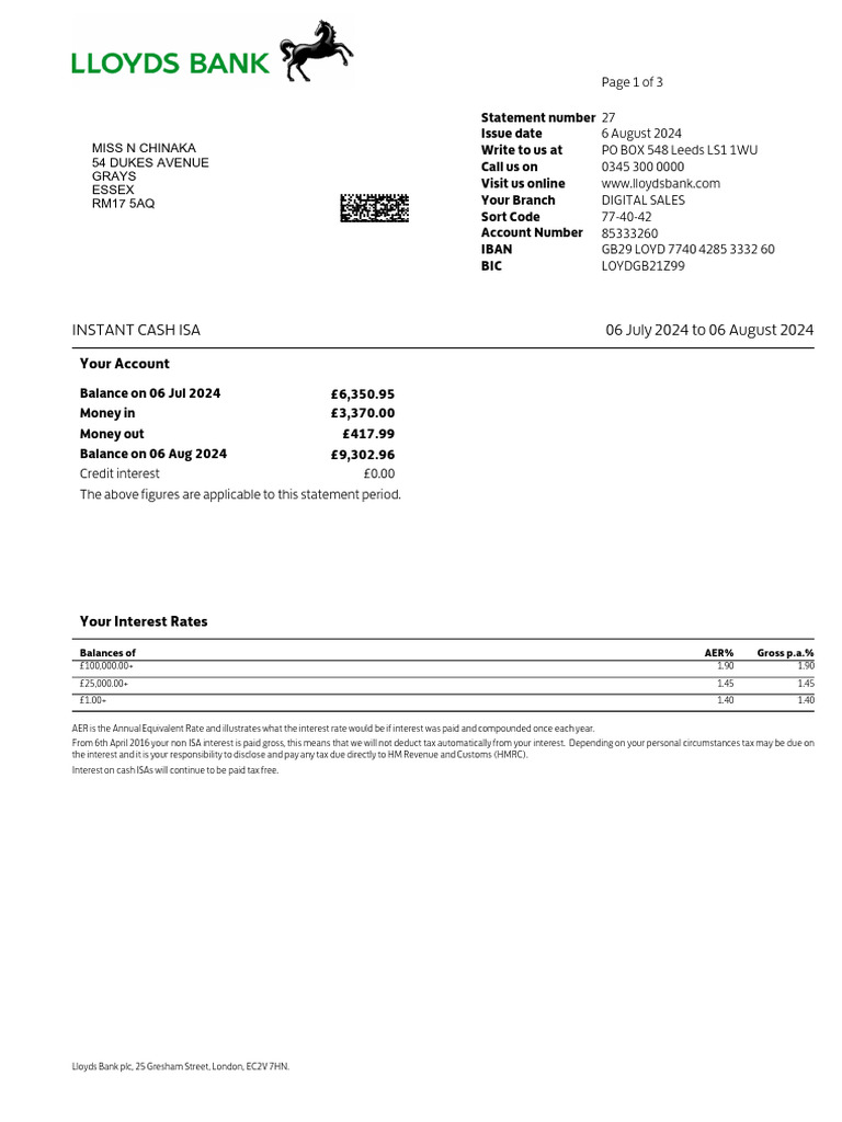 Lloyds ISA Statement - Sort Code 77-40-42 | PDF | Cash | Interest