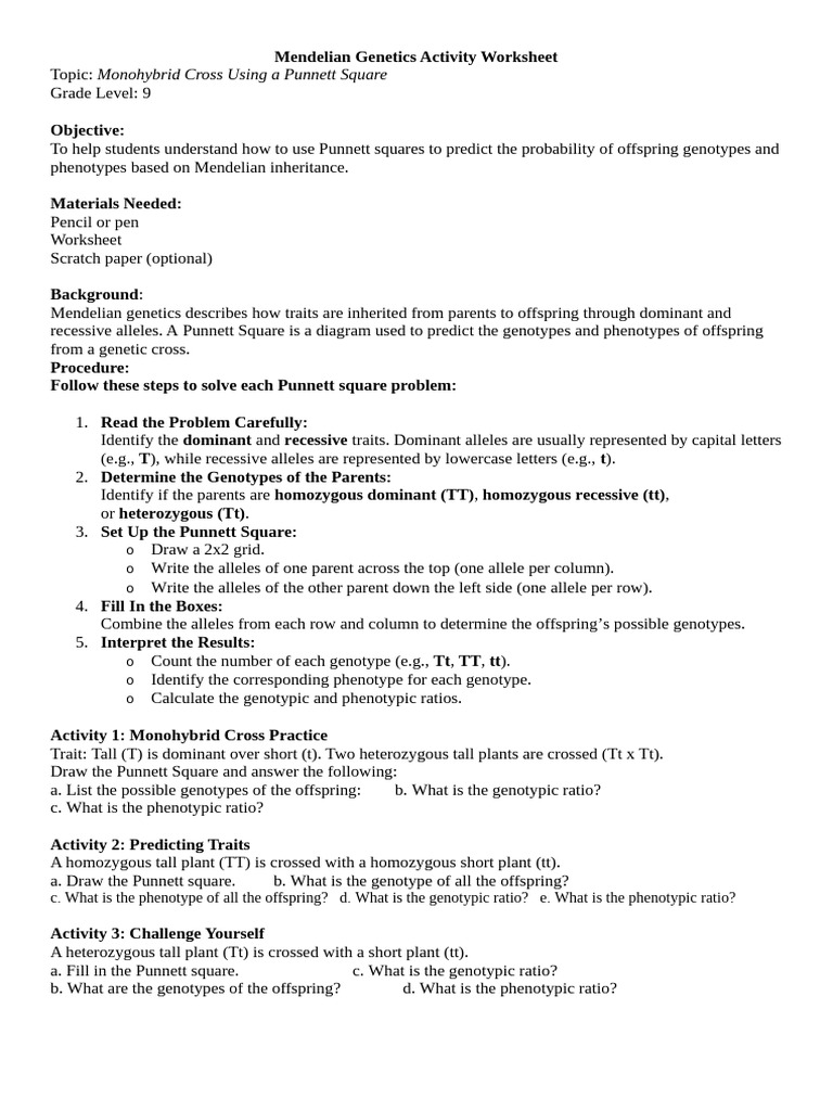 Monohybrid Cross Worksheet | PDF | Genotype | Dominance (Genetics)