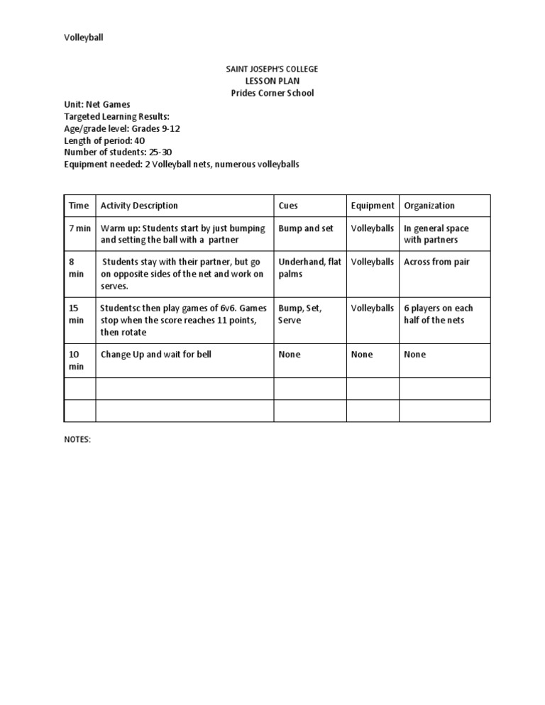 Volleyball Lesson Plan for Grades 9-12 | PDF | Sports & Recreation