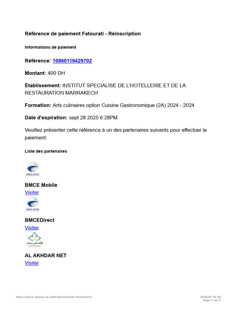 Référence de paiement Fatourati OFPPT | PDF
