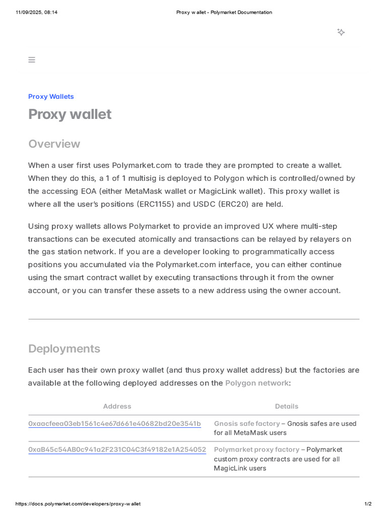 Proxy Wallet - Polymarket Documentation10 | PDF
