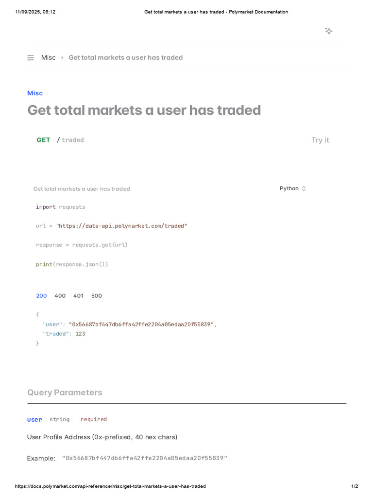 Get Total Markets A User Has Traded - Polymarket Documentation | PDF