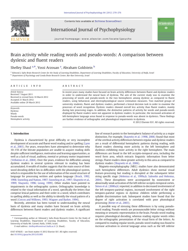 Brain Activity While Reading Words and P | PDF | Dyslexia | Principal ...