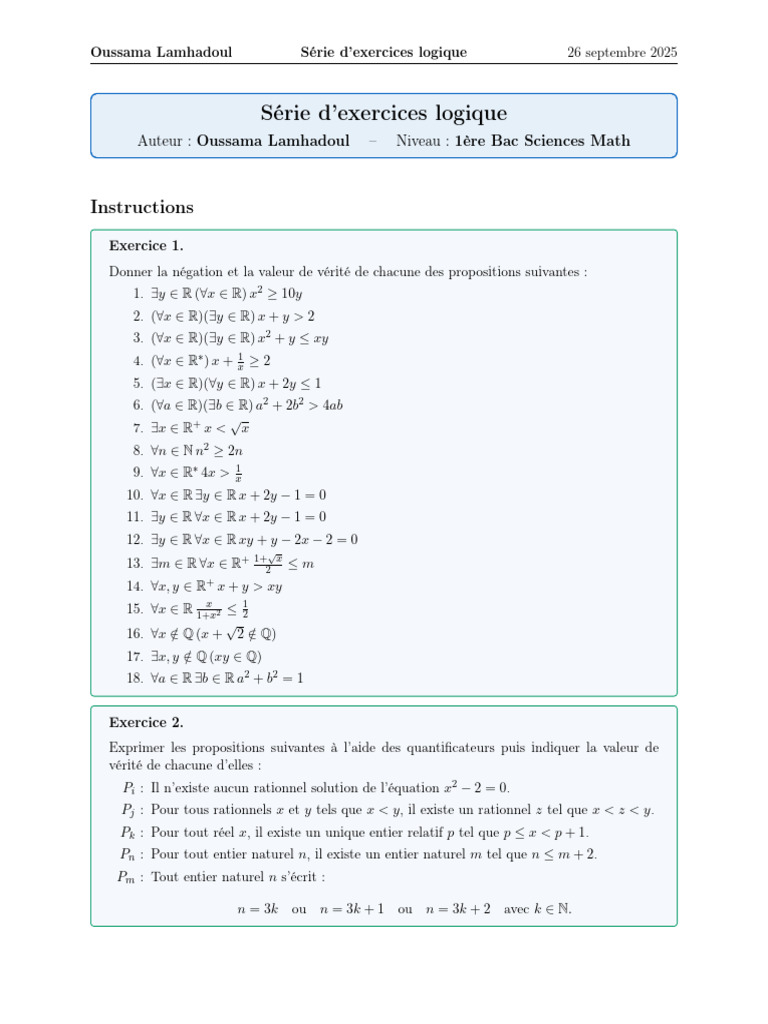 Exercices de logique pour 1ère Bac Math | PDF | Mathématiques | Logique