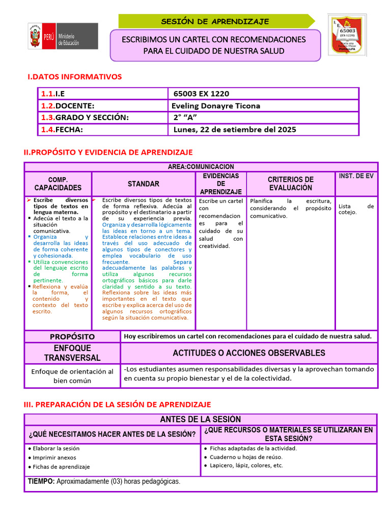 Sesion Escribimos Un Cartel Con Recomendaciones Parta El Cuidado de ...