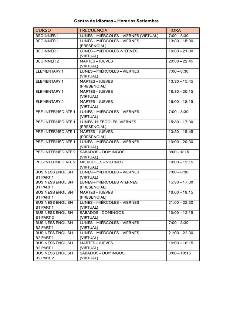 Horarios Cursos de Idiomas Septiembre | PDF