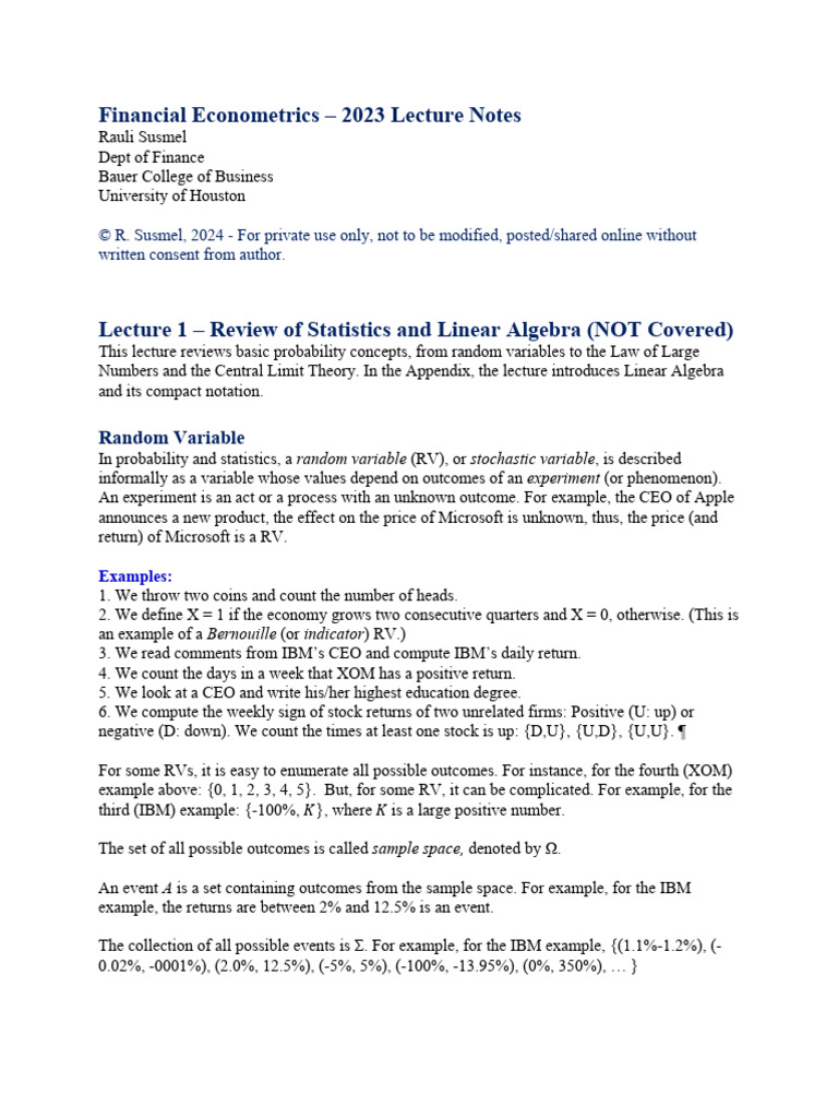 Financial Econometrics Lecture Notes | PDF | Matrix (Mathematics ...