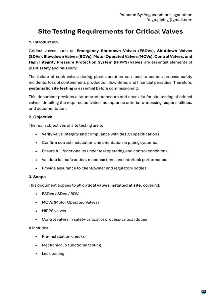 Site Testing Requirements For Critical Valves | PDF