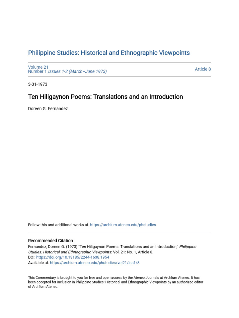 Ten Hiligaynon Poems - Translations and An Introduction | PDF | Poetry ...