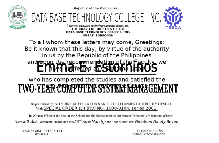 Diploma Issuance from Data Base Technology College | PDF