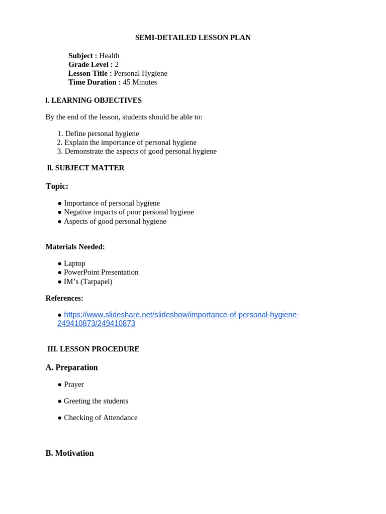 Personal Hygiene Lesson Plan for Grade 2 | PDF | Hygiene