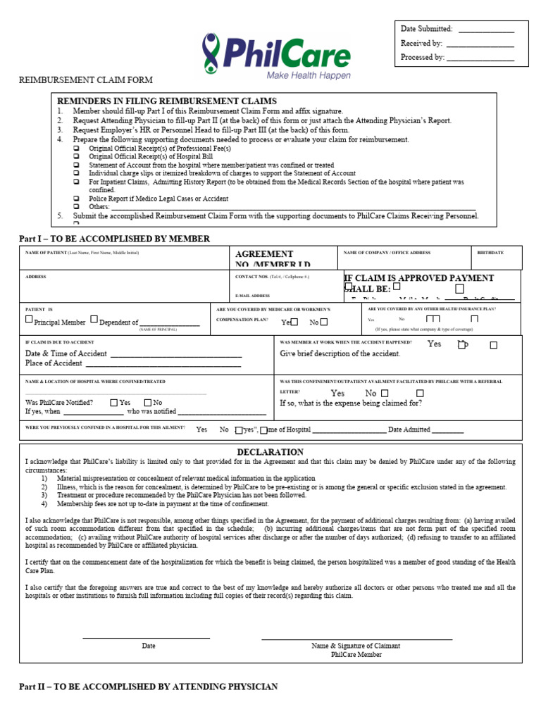 PhilCare Reimbursement Claim Form | PDF | Hospital | Patient