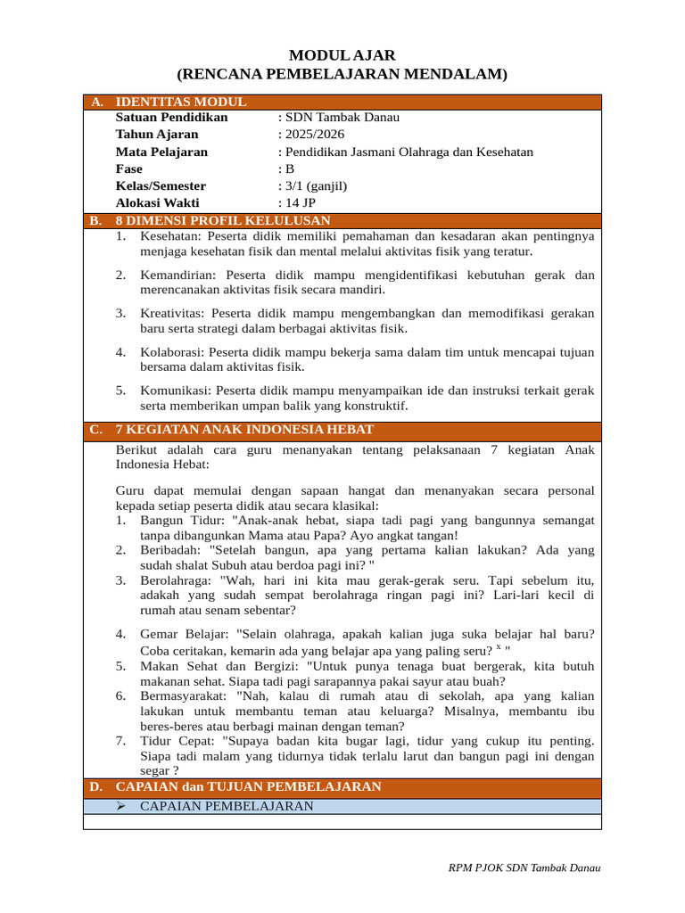Modul Ajar PJOK SDN Tambak Danau | PDF