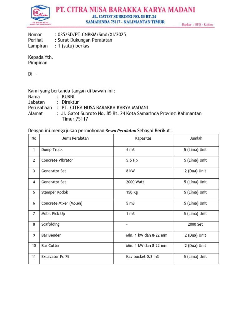 Permohonan Dukungan Alat PT. CNBKM Madrasah 3 | PDF
