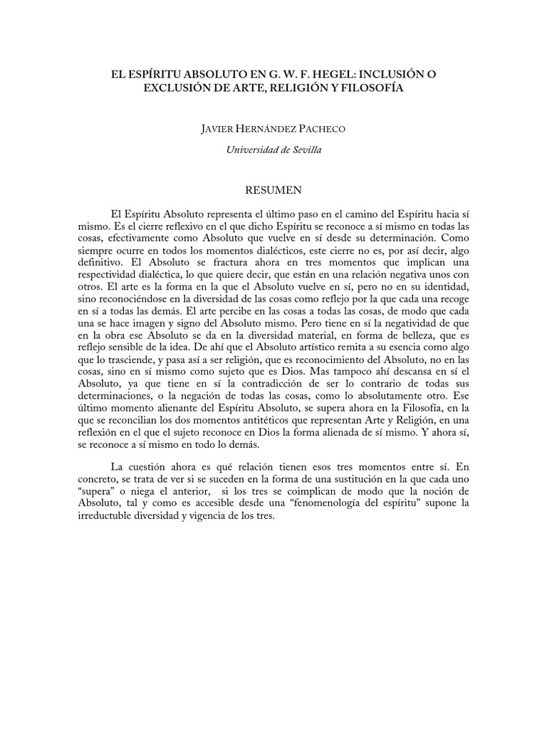 El Espíritu Absoluto en Hegel: Arte, Religión y Filosofía | PDF