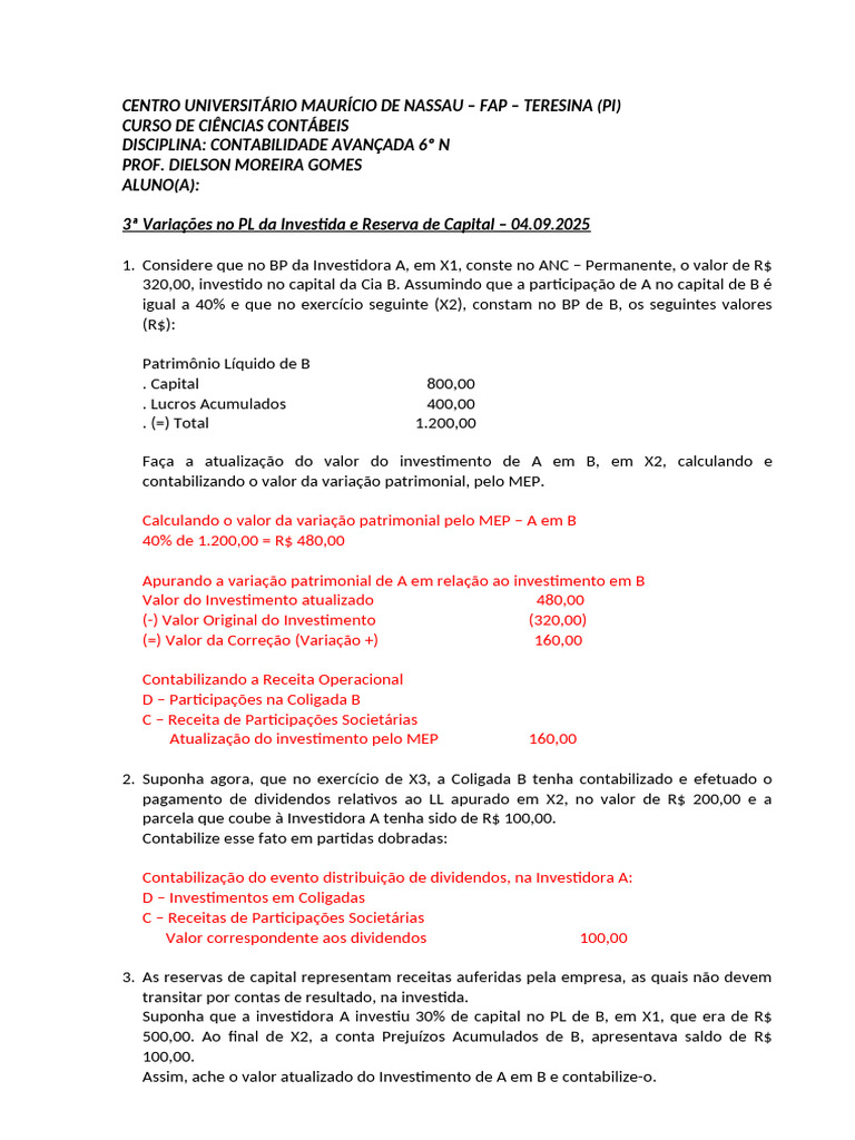 Variações no PL e Reserva de Capital | PDF | Capital próprio (finanças ...