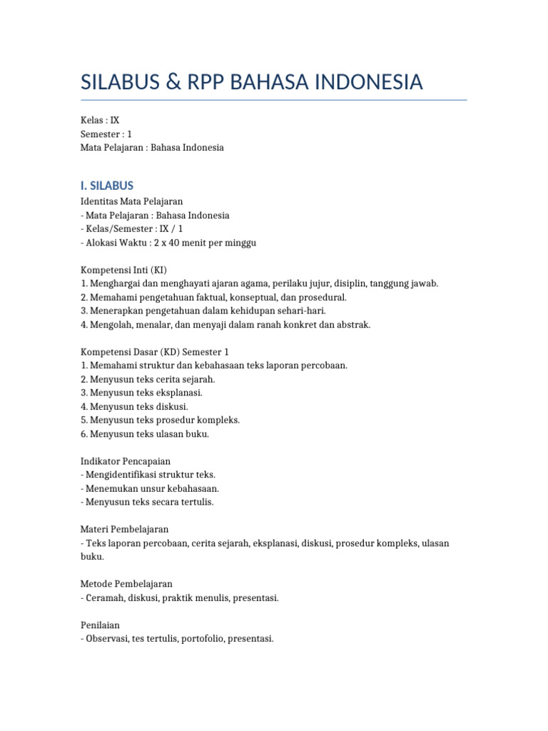 Silabus dan RPP Bahasa Indonesia Kelas IX | PDF