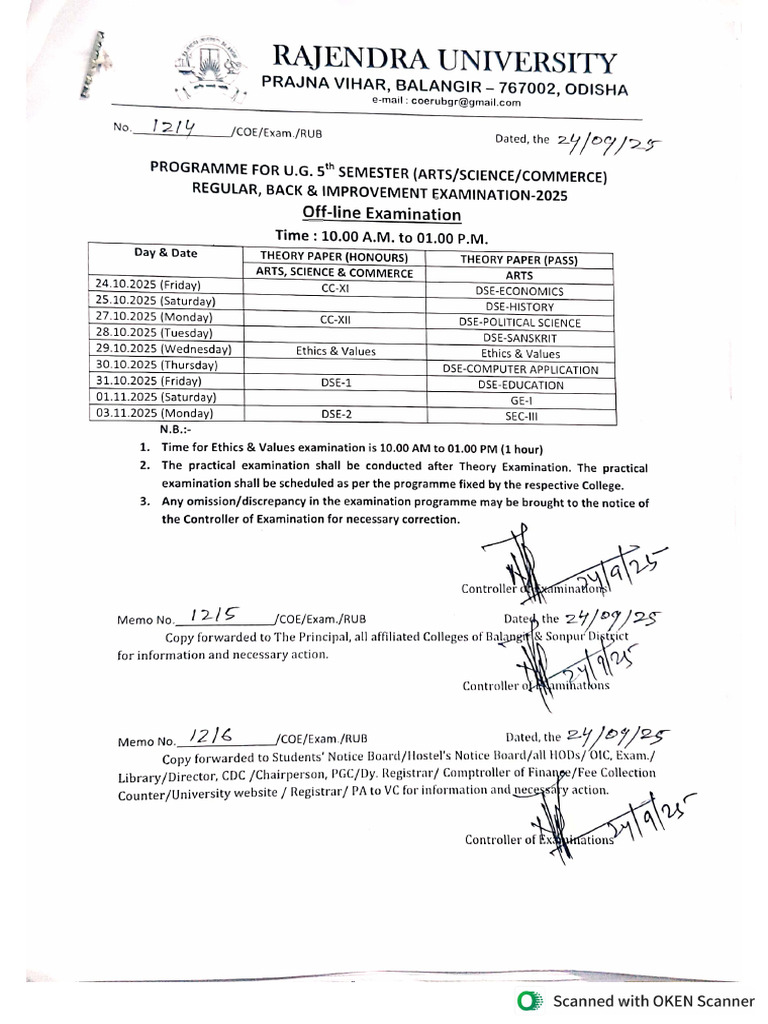 Programme UG 5th Sem. Regular and Back Exam.-2025 | PDF