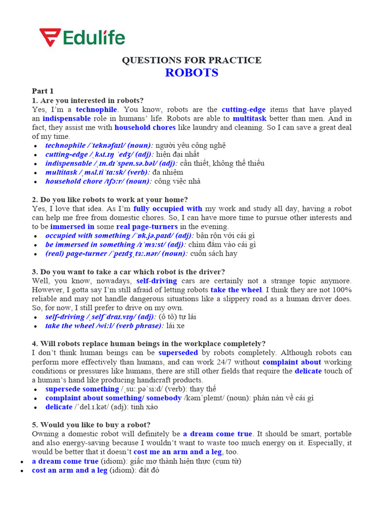 VSTEP SPEAKING - Topic 15 - Robots | PDF