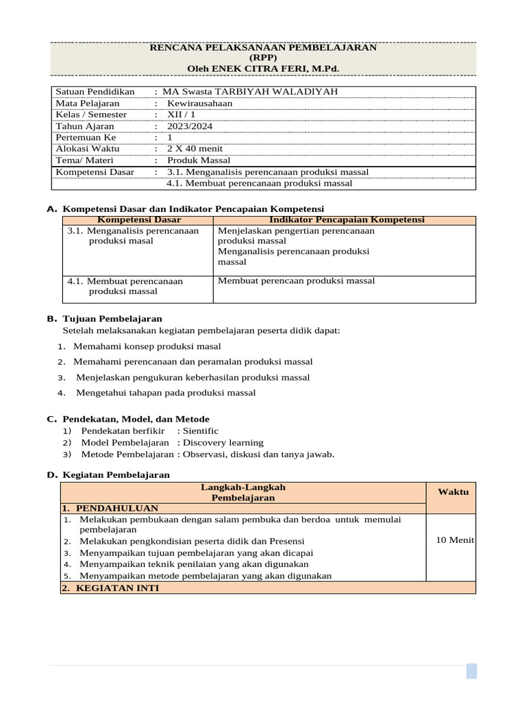 Bentuk RPP Kelas 12 | PDF