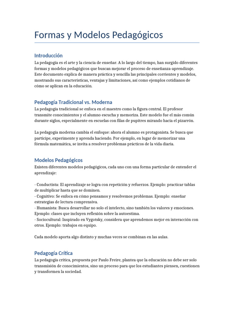 Modelos y Formas de Pedagogía Actual | PDF | Pedagogía | Aprendizaje