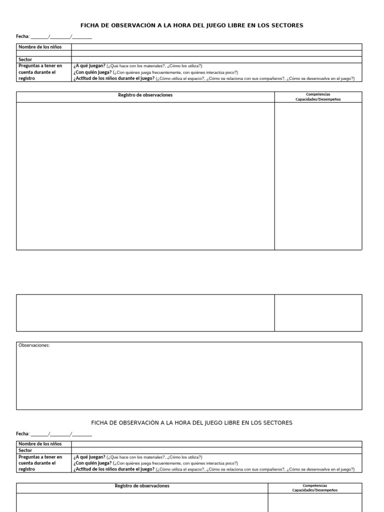 Ficha de Observación A La Hora Del Juego Libre en Los Sectores 23.03.25 ...