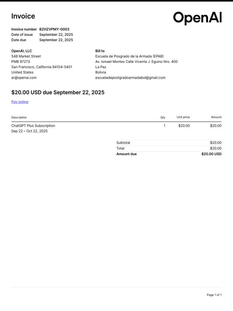 ChatGPT Plus Subscription Invoice | PDF
