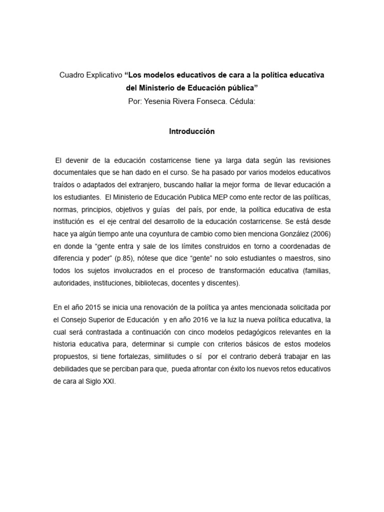 Cuadro Explicativo "Los Modelos Educativos de Cara A La Política ...
