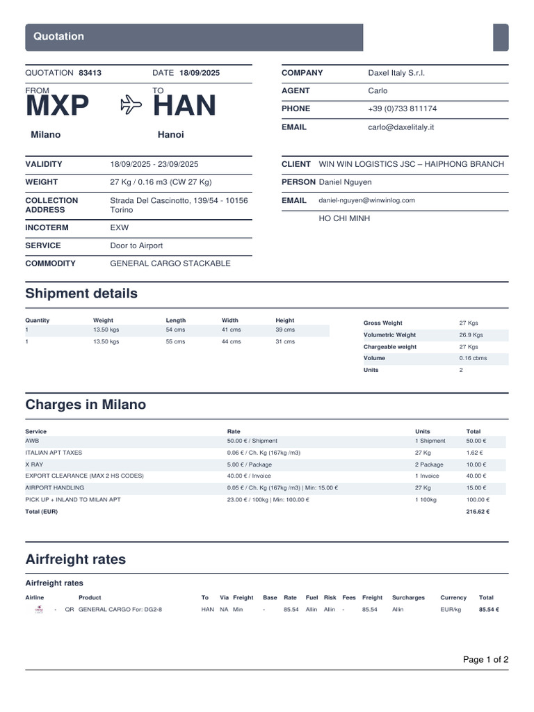 Winwinlogisticsjschaiphongbranch MXP Han Quote 83413 | PDF | Cargo ...